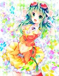  \m/ adjusting_goggles goggles goggles_on_head green_eyes green_hair gumi headphones open_mouth runako skirt smile solo vocaloid 