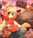  alice_margatroid ascot bad_id bad_pixiv_id basket blonde_hair blue_eyes blush cake capelet cookie food hairband nanahamu shirt short_hair skirt smile solo touhou 