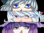  annoyed blue_eyes fujiwara_no_mokou gapuri grey_hair konpaku_youmu multiple_girls parody patchouli_knowledge persona persona_eyes purple_eyes purple_hair red_eyes style_parody touhou white_hair 