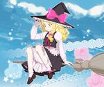  bad_id bad_pixiv_id bamboo_broom blonde_hair bloomers broom broom_riding cloud day flower frills hat highres kirisame_marisa lace_background ofuton_zeb rose sidesaddle sitting sky socks solo star touhou underwear white_legwear witch witch_hat yellow_eyes 
