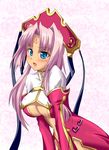  blue_eyes blush breasts cleavage dress eyebrows_visible_through_hair facial_mark forehead_mark hair_intakes highres koihime_musou large_breasts navel open_mouth pink_hair short_hair solo sonken tamo_(nama-yatsuhashi) underboob 