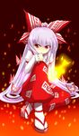  annoyed bow fujiwara_no_mokou hair_bow highres lavender_hair long_hair long_sleeves looking_at_viewer pants pink_eyes sandals sitting solo takamako touhou 