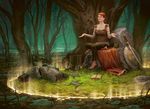  anklet armor barefoot book boots fantasy forest grass hair_bun howard_lyon jewelry light magic magic:_the_gathering meditation nature official_art paladin realistic red_hair rock shield sitting solo swamp sword tree warrior weapon 