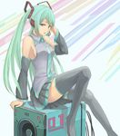  boots detached_sleeves green_eyes green_hair hatsune_miku headset long_hair marshmallow_(victima013) necktie sitting skirt solo speaker thigh_boots thighhighs twintails very_long_hair vocaloid 
