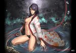  bad_id bad_pixiv_id black_eyes black_hair black_panties breasts cleavage collarbone highres japanese_clothes jjune kimono medium_breasts navel no_bra open_clothes original panties seiza sitting solo string underwear water 