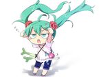 \o/ ahoge anger_vein aqua_eyes aqua_hair arms_up bad_id bad_pixiv_id banned_artist byo_(kuro_usagi) chibi floating_hair flower hair_flower hair_ornament hairclip hatsune_miku long_hair open_mouth outstretched_arms simple_background solo spring_onion twintails very_long_hair vocaloid 