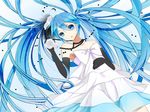  bare_shoulders blue_eyes blue_hair dress elbow_gloves flower gloves hatsune_miku highres jewelry kyuri_tizu long_hair necklace rose solo strapless strapless_dress twintails very_long_hair vocaloid 