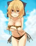  bad_id bad_pixiv_id bare_shoulders bikini blonde_hair blush bow breast_hold breasts brown_eyes cleavage cloud collarbone colored_eyelashes crossed_arms day hair_bow hati105 heart kurodani_yamame large_breasts leaning_forward naughty_face navel open_mouth short_hair side-tie_bikini sky smile solo swimsuit touhou untied 