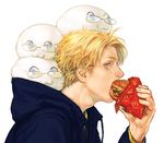  :3 a_k_i america_(hetalia) axis_powers_hetalia blonde_hair blue_eyes eating face food glasses hamburger hood hoodie male_focus mcdonald's profile simple_background solo 