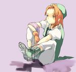  bad_id bad_pixiv_id beret blue_eyes forehead full_body gloves hat hong_meiling long_hair nove_(legge) pants red_hair shoes simple_background sitting solo touhou 