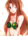  ;o adapted_costume bangs bare_shoulders bikini bikini_top blue_eyes bow braid breasts brown_hair hong_meiling large_breasts long_hair looking_at_viewer one_eye_closed open_mouth parted_bangs simple_background solo star strapless swimsuit tori_no_karaage touhou twin_braids underboob upper_body 