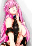  armband bad_id bad_pixiv_id bare_shoulders blue_eyes breasts delta_zone hair_censor hair_over_breasts headphones large_breasts lips long_hair megurine_luka midriff no_bra open_clothes open_shirt pink_hair shirt solo upper_body vocaloid 