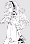 blush bracelet dress fashion hair_ornament hairband hand_on_own_chest high_heels jewelry long_hair monochrome original profile shoes simple_background sketch solo standing standing_on_one_leg tsukigami_runa wavy_hair 