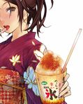  blush brown_eyes brown_hair drinking_straw food japanese_clothes kimono open_mouth original ponytail redjuice side_ponytail simple_background solo sweat tongue 