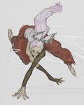  action alternate_hairstyle barefoot bow code-aa fujiwara_no_mokou hair_bow highres no_nose pants ponytail pose serious solo touhou 