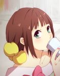  amami_haruka bare_shoulders brown_hair cup drinking face green_eyes hair_ornament idolmaster idolmaster_(classic) nail_polish nogoodlife short_hair solo 