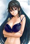  black_hair bra breast_hold breasts brown_eyes cleavage crossed_arms highres infinite_stratos large_breasts lasterk lingerie long_hair navel orimura_chifuyu smile solo strap_slip underwear 