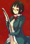  bad_id bad_pixiv_id black_hair bob_cut breasts cleavage durarara!! glasses highres large_breasts moguuri_(mogboo) navel red_eyes school_uniform short_hair solo sonohara_anri sword torn_clothes weapon 