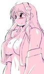  blush breasts detached_sleeves food frog gomamiso_(gomamiso_sp) hair_ornament hot huge_breasts kochiya_sanae long_hair monochrome mouth_hold navel no_bra open_clothes open_shirt popsicle shirt snake solo sweat touhou upper_body 