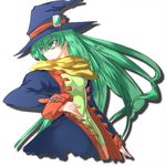  3peso blue_eyes green_hair hat long_hair masou_shizuka rance_(series) scarf serious simple_background solo witch_hat 