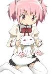  :3 c_(neta) face_stretching hair_ribbon kaname_madoka kneeling kyubey mahou_shoujo_madoka_magica red_eyes ribbon school_uniform short_twintails thighhighs twintails zettai_ryouiki 