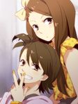  blush bow brown_eyes brown_hair face fingernails flipped_hair futami_ami grin hair_bow idolmaster idolmaster_(classic) long_hair looking_at_viewer minase_iori multiple_girls nail_polish nogoodlife short_hair smile v 