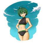  ahoge antennae bikini breasts green_eyes green_hair hands_on_hips medium_breasts nagi_(pixiv119941) navel smile solo sports_bikini swimsuit touhou wriggle_nightbug 