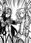  akemi_homura bow_(weapon) comic greyscale kaname_madoka long_hair magical_girl mahou_shoujo_madoka_magica monochrome multiple_girls nishiide_kengorou short_twintails twintails weapon 