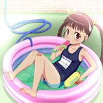  bakemonogatari bandaid bandaid_on_knee barefoot brown_eyes brown_hair feet flat_chest food full_body hachikuji_mayoi hairband hose knees_together_feet_apart long_hair monogatari_(series) nekonin. one-piece_swimsuit popsicle school_swimsuit solo swimsuit tan tanline twintails wading_pool water_gun watermelon_bar 