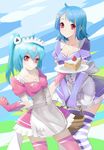  ahoge apron aqua_hair bili_girl_22 bili_girl_33 bilibili_douga blue_hair breasts bridal_gauntlets cake cleavage food fruit hair_ornament highres long_hair luoye_no_qiu maid maid_headdress medium_breasts multiple_girls pink_legwear plate red_eyes short_hair side_ponytail skindentation skirt strawberry strawberry_shortcake striped striped_legwear thighhighs zettai_ryouiki 