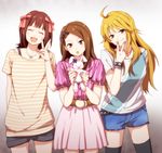  :d :o amami_haruka aqua_nails belt blonde_hair blush bow bracelet brown_eyes brown_hair bunny casual closed_eyes denim denim_shorts face fingernails green_eyes hair_bow hoshii_miki idolmaster idolmaster_(classic) jewelry long_hair looking_at_viewer minase_iori multiple_girls nail_polish necklace nogoodlife open_mouth shirt short_hair shorts skirt smile striped striped_shirt stuffed_animal stuffed_bunny stuffed_toy thighhighs v vertical-striped_shirt vertical_stripes 