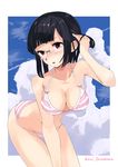  bent_over bikini black_hair bob_cut breasts cleavage durarara!! glasses large_breasts open_mouth red_eyes short_hair solo sonohara_anri sora-bozu swimsuit 