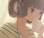 akg brown_eyes brown_hair cup drinking face headphones k701 mug nakamura_hinata original polka_dot shirt short_hair solo striped striped_shirt 