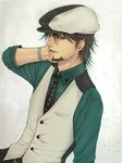  bad_id bad_pixiv_id brown_eyes brown_hair cabbie_hat facial_hair glowing hand_on_own_face hat kaburagi_t_kotetsu male_focus mzk@musounau necktie solo stubble tiger_&amp;_bunny vest 