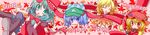  aki_minoriko aki_shizuha bad_id bad_pixiv_id blonde_hair blue_eyes blue_hair blush bow chibi dress food frills front_ponytail fruit grapes green_eyes green_hair hair_bobbles hair_bow hair_ornament hat highres kagiyama_hina kawashiro_nitori komakoma_(magicaltale) leaf leaf_background leaf_on_head long_hair long_image multiple_girls open_mouth red_eyes ribbon short_hair smile touhou two_side_up wide_image 