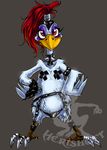  beak chicken claws collar female herisheft leather looking_at_viewer nipple_tape red_eyes red_hair skimpy spiked_collar standing 