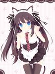  animal_ears bad_id bad_pixiv_id bare_shoulders black_hair black_legwear blue_eyes blush cat_ears detached_collar hair_ribbon highres long_hair maid maid_headdress necktie nibiiro_shizuka original paw_print pleated_skirt ribbon skirt solo tail thighhighs twintails 