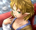  blonde_hair breasts bridge downblouse green_eyes mizuhashi_parsee mutsuki_(tsugaidanuki) nipple_slip nipples no_bra open_mouth pointy_ears river short_hair small_breasts solo sweatdrop touhou 