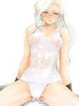  arm_support breasts covered_nipples glasses heterochromia long_hair one-piece_swimsuit original school_swimsuit see-through simple_background small_breasts solo spread_legs swimsuit wet white white_background white_hair white_school_swimsuit white_swimsuit yagisaka_seto 