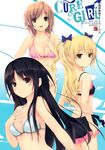  3girls :d absurdres bare_shoulders bikini black_eyes black_hair blonde_hair blue_bikini bow breasts brown_hair cleavage coffee-kizoku cure_girl hair_bow halterneck hand_on_own_chest hand_to_chest highres hoshimiya_miyu kunimura_kotone large_breasts long_hair looking_at_viewer looking_back multiple_girls nanjou_rena open_mouth pink_bikini purple_eyes short_hair smile swimsuit two_side_up yellow_eyes 