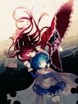  anthiea bad_id bad_pixiv_id bare_shoulders blue_hair cape frills grin hair_over_eyes highres long_hair magical_girl mahou_shoujo_madoka_magica miki_sayaka multiple_girls pleated_skirt ponytail red_eyes red_hair sakura_kyouko short_hair skirt smile thighhighs 