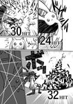  akemi_homura combo_counter comic dual_wielding explosion firing greyscale gun handgun holding kyubey long_hair magical_girl mahou_shoujo_madoka_magica monochrome nishiide_kengorou rocket_launcher weapon 