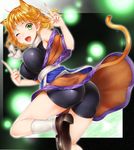  animal_ears ass bike_shorts blonde_hair breasts cat_ears cat_tail extra_ears fang fingernails green_eyes kemonomimi_mode large_breasts long_fingernails looking_back middle_finger mizuhashi_parsee one_eye_closed open_mouth pointy_ears shoes shorts shorts_under_skirt socks solo sugimeno tail touhou v white_legwear 