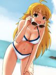  ahoge beach bikini blonde_hair breasts cleavage day green_eyes highres hoshii_miki idolmaster idolmaster_(classic) large_breasts long_hair minato_kazumi ocean open_mouth outdoors solo sunglasses swimsuit water 