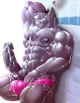  anthro balls biceps big big_balls big_muscles big_penis bulge canine cum cum_on_self cursedmarked hyper male mammal muscles nude pecs penis pink shower silver solo speedo swimsuit underwear wet wolf 