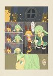  1girl ahoge animal_ears comic green_eyes green_hair hat lamp narumi_arata original shoes tail translated window 