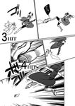  combo_counter comic greyscale kicking kyubey long_hair magical_girl mahou_shoujo_madoka_magica monochrome nishiide_kengorou ponytail sakura_kyouko 