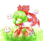  bow chibi closed_eyes front_ponytail green_hair hair_ribbon kagiyama_hina kedama lowres ribbon smile solo tilde_(ice_cube) touhou |_| 