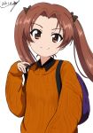  1girl artist_name backpack bag bangs black_bow black_shirt bow brown_eyes brown_hair bukkuri casual closed_mouth collared_shirt commentary dated eyebrows_visible_through_hair girls_und_panzer hair_bow head_tilt kadotani_anzu long_hair long_sleeves looking_at_viewer orange_sweater parted_bangs shirt signature simple_background smile solo standing sweater twintails upper_body white_background 