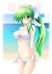  alternate_hairstyle bikini blush bow breasts cleavage frog green_hair hair_bow highres kochiya_sanae large_breasts long_hair navel o-ring o-ring_bikini o-ring_top osashin_(osada) ponytail side-tie_bikini snake solo spoken_blush strap_gap sweatdrop swimsuit touhou yellow_eyes 